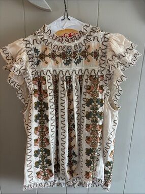 Ulla Johnson Cream Embroidered Ruffle Sleeve Smocked Blouse